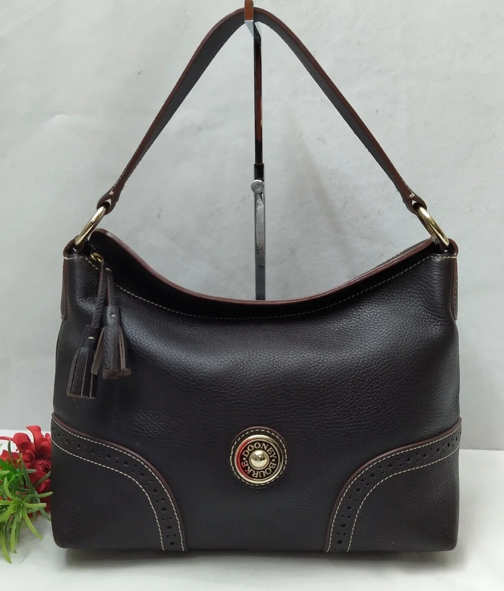 Dooney & Bourke Brown Pebbled Leather Round Logo Zipper Hobo Shoulder Bag